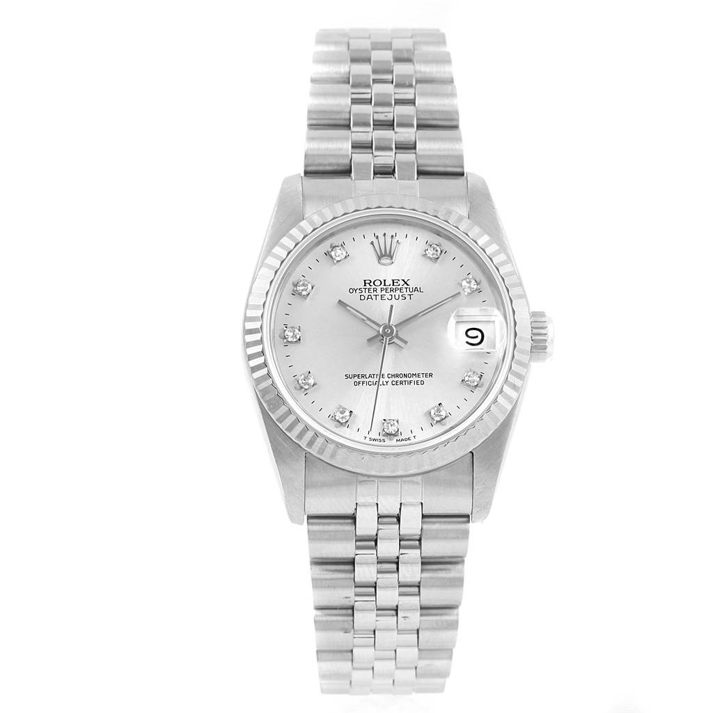 This image shows a front view of a Rolex Oyster Perpetual Datejust Mid-Size watch, featuring a silver dial and stainless steel bracelet.