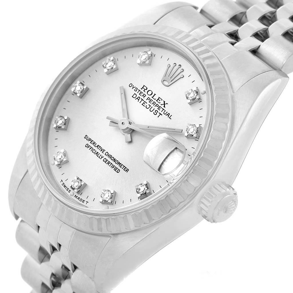 The image shows a close-up angle of the Rolex Datejust Mid-Size watch, highlighting its dial, bezel, and bracelet.