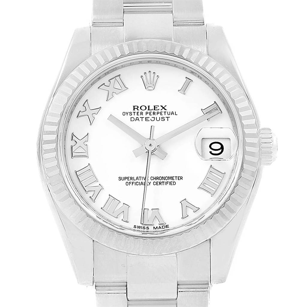 The image shows a Rolex Oyster Perpetual Datejust Mid-Size watch from a front angle, displaying its dial, bezel, and bracelet.