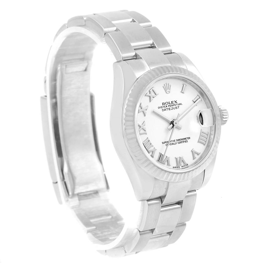 The image shows a side and front angle of the Rolex Mid-Size 178274 Women's Stainless Steel White Dial 178274 Women's Stainless Steel White Dial Oyster Perpetual Datejust, highlighting its bracelet, dial, and bezel.