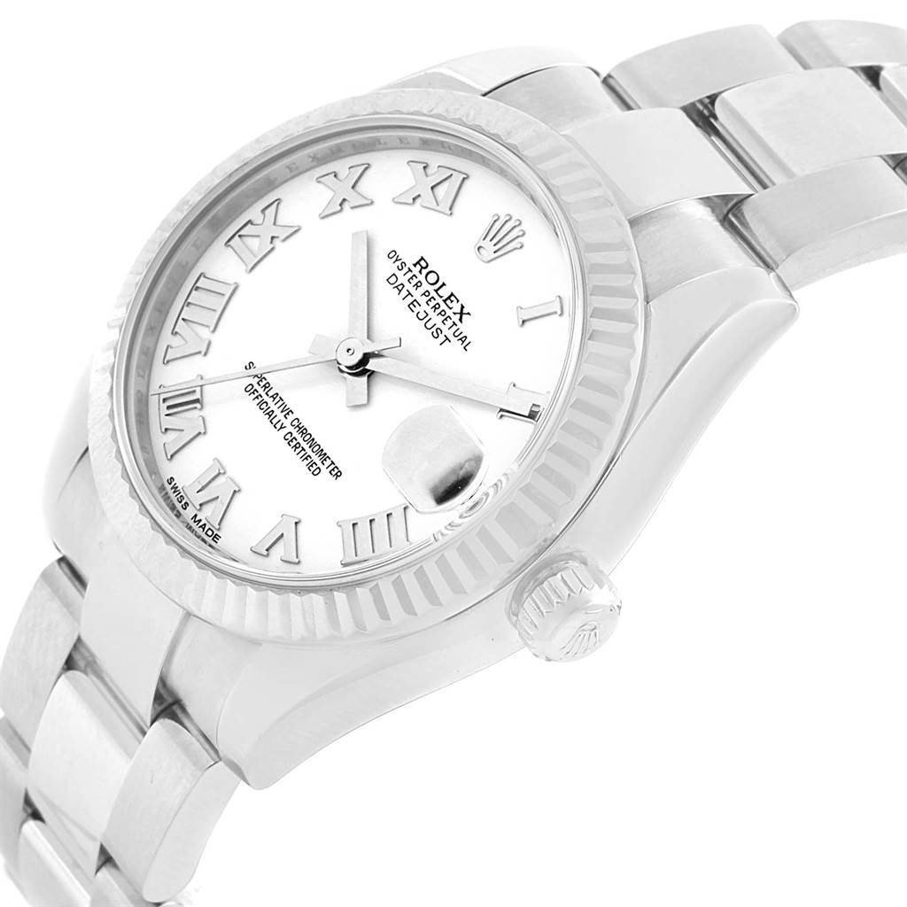 The Rolex Mid-Size 178274 Women's Stainless Steel White Dial 178274 Women's Stainless Steel White Dial model watch is shown at a slight angle, displaying the face, crown, and part of the bracelet.