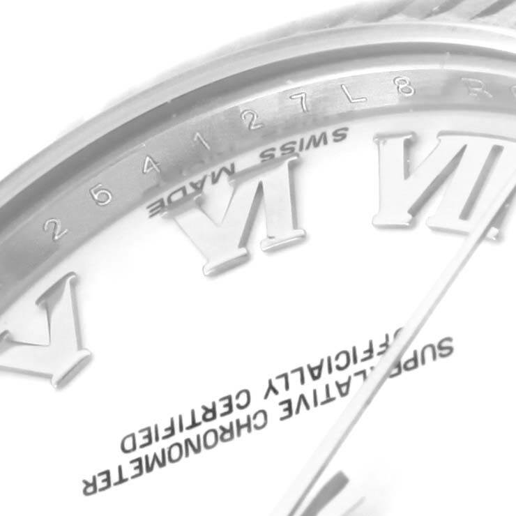 The image shows a close-up of the dial and part of the bezel of a Rolex Mid-Size 178274 Women's Stainless Steel White Dial 178274 Women's Stainless Steel White Dial watch, highlighting its Roman numerals and "Swiss Made" text.