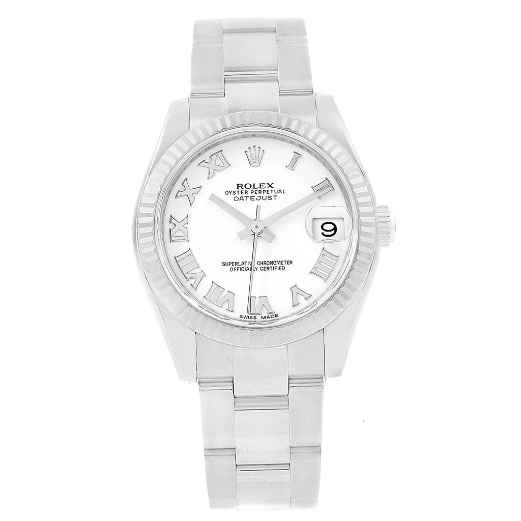 This image shows a front view of the Rolex Mid-Size 178274 Women's Stainless Steel White Dial 178274 Women's Stainless Steel White Dial Datejust watch, displaying its dial, bezel, and bracelet.