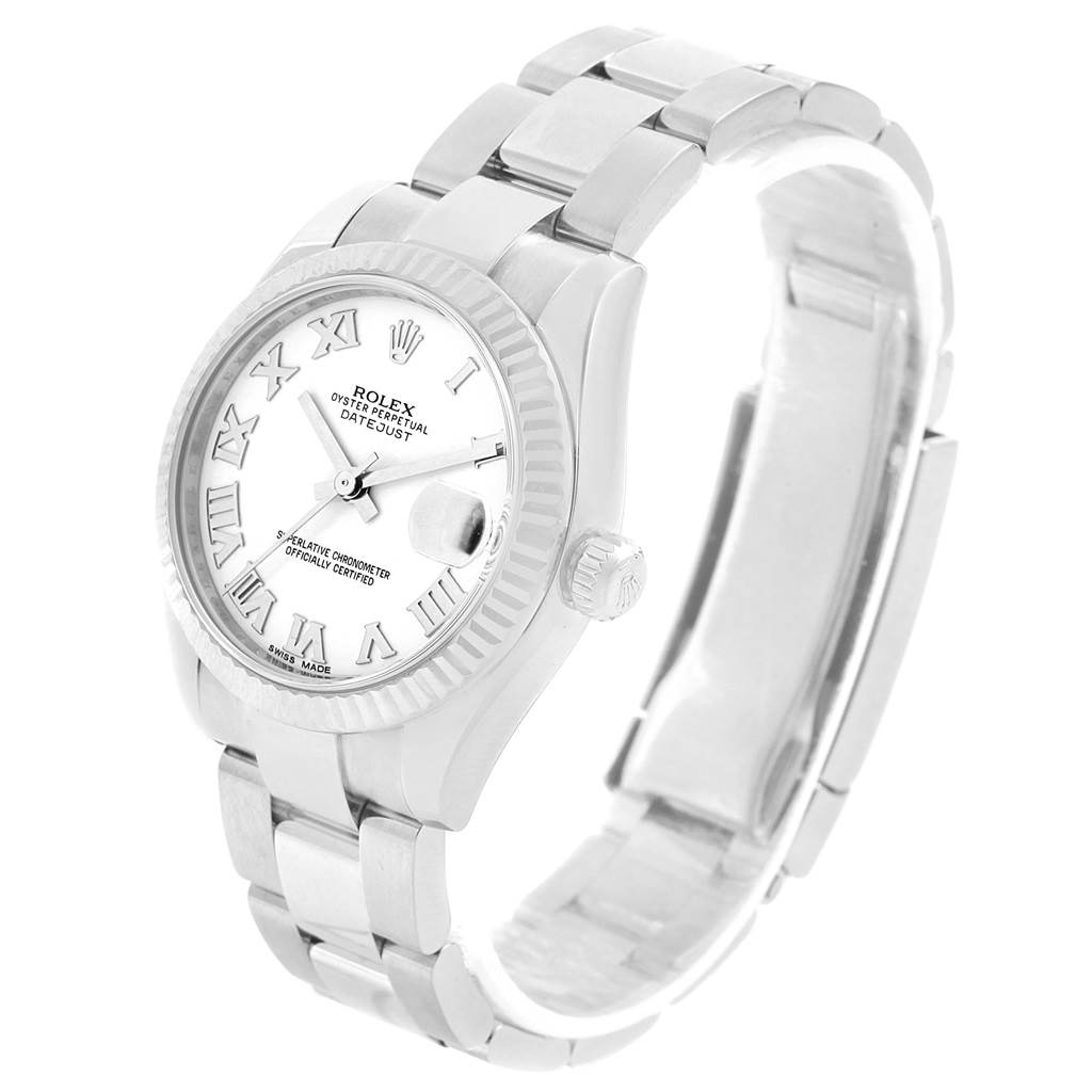 The image shows a Rolex Mid-Size 178274 Women's Stainless Steel White Dial 178274 Women's Stainless Steel White Dial Oyster Perpetual Datejust, displayed at an angle showcasing the face, bezel, crown, and bracelet.