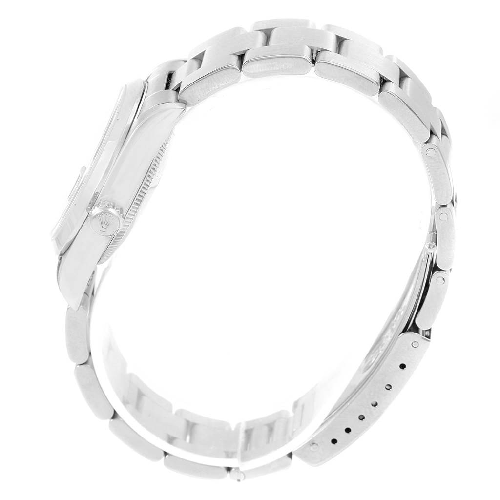 The image shows a side profile view of a Mid-Size Rolex watch, highlighting the bracelet and clasp.