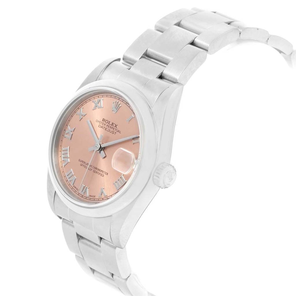 The image shows a slight side angle of a Mid-Size Rolex Datejust watch, highlighting its band, crown, and face.