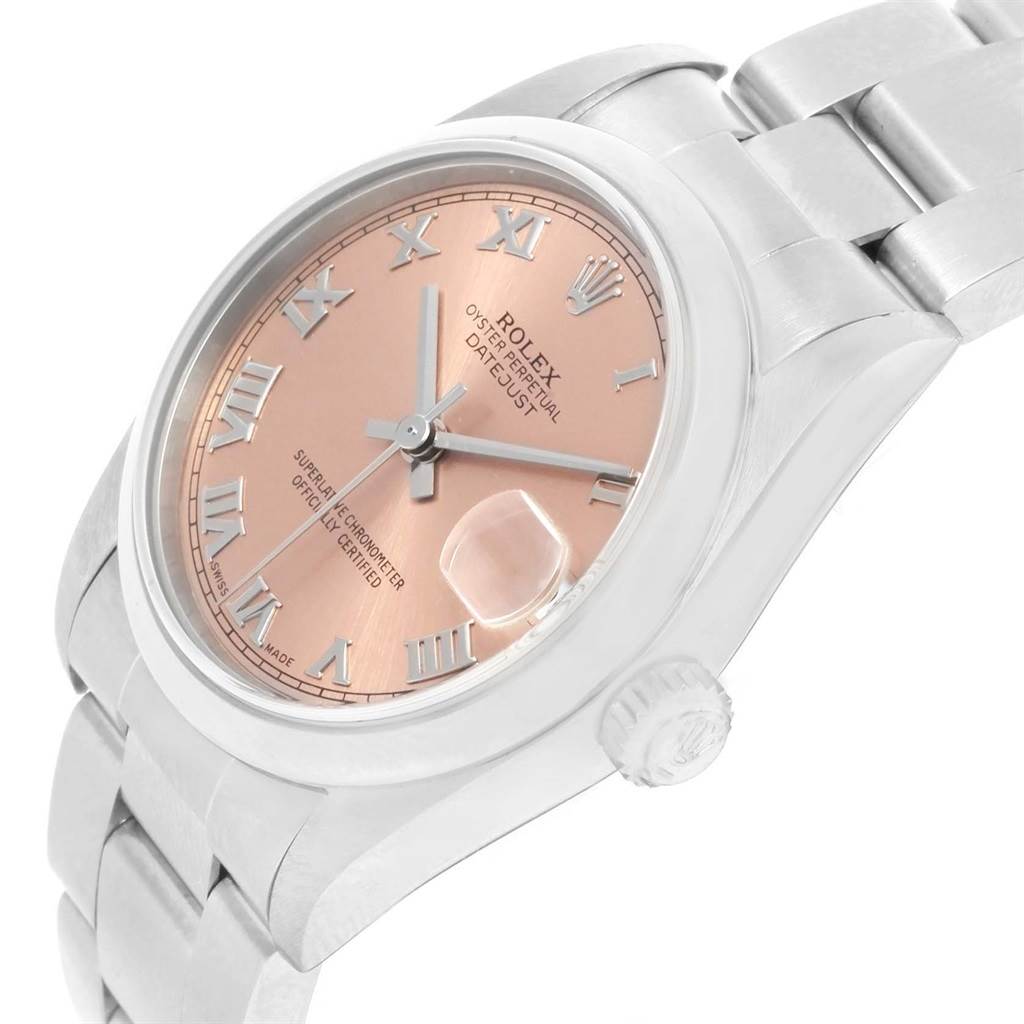 The Rolex Mid-Size 78240 Women's Stainless Steel Pink Dial 78240 Women's Stainless Steel Pink Dial "Oyster Perpetual Datejust" watch is shown from an angled top view, highlighting its pink dial and Roman numerals.