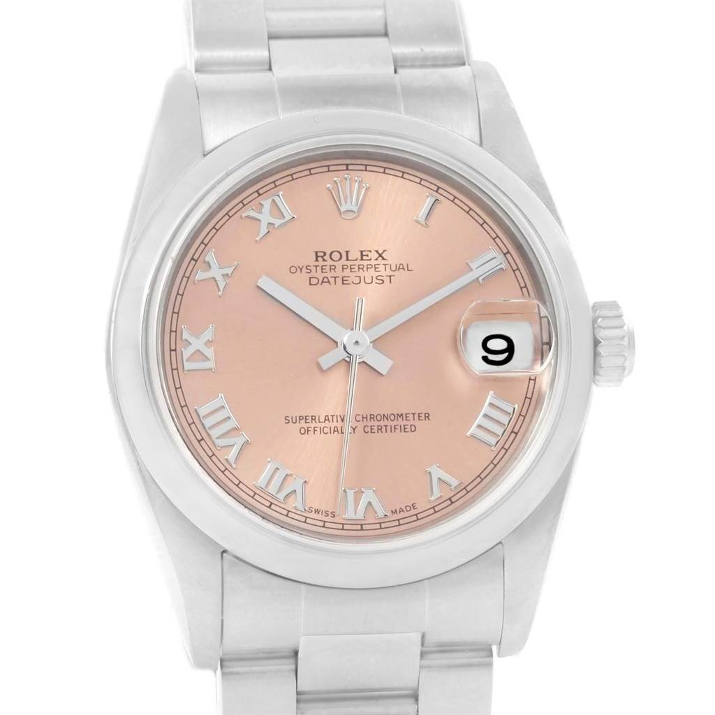 The image shows a frontal view of a Rolex Mid-Size 78240 Women's Stainless Steel Pink Dial 78240 Women's Stainless Steel Pink Dial Oyster Perpetual Datejust with a pink dial and a date display at 3 o'clock.