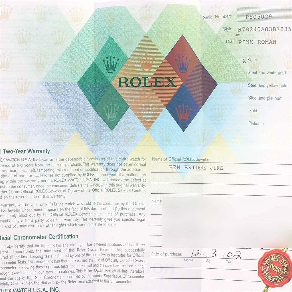 The image shows a warranty document for a Mid-Size Rolex watch, featuring details like style, dial, purchase date, and jeweler information.