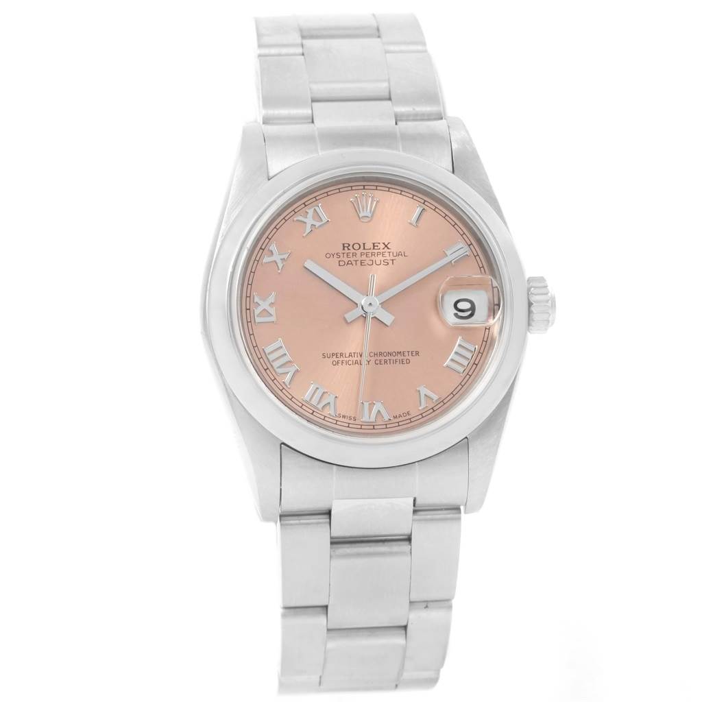 The image shows a front view of the Rolex Oyster Perpetual Datejust Mid-Size watch with a silver bracelet and a pink Roman numeral dial.