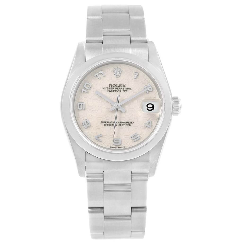 The Rolex Mid-Size 68240 Women's Stainless Steel Silver Dial 68240 Women's Stainless Steel Silver Dial Oyster Perpetual Datejust watch is shown from the front, displaying the dial, hands, bracelet, and date window.