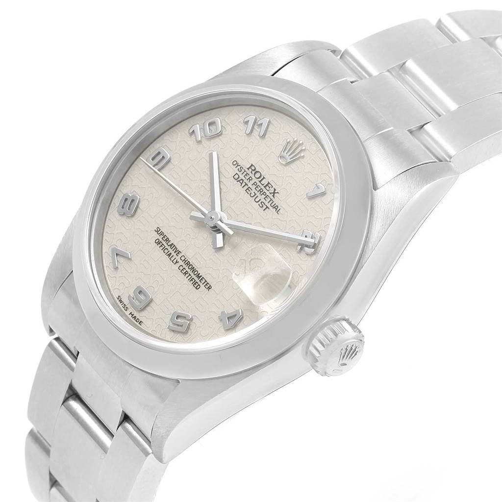 The image shows a Rolex Oyster Perpetual Datejust Mid-Size watch at a slight angle, highlighting the dial, bezel, and bracelet.