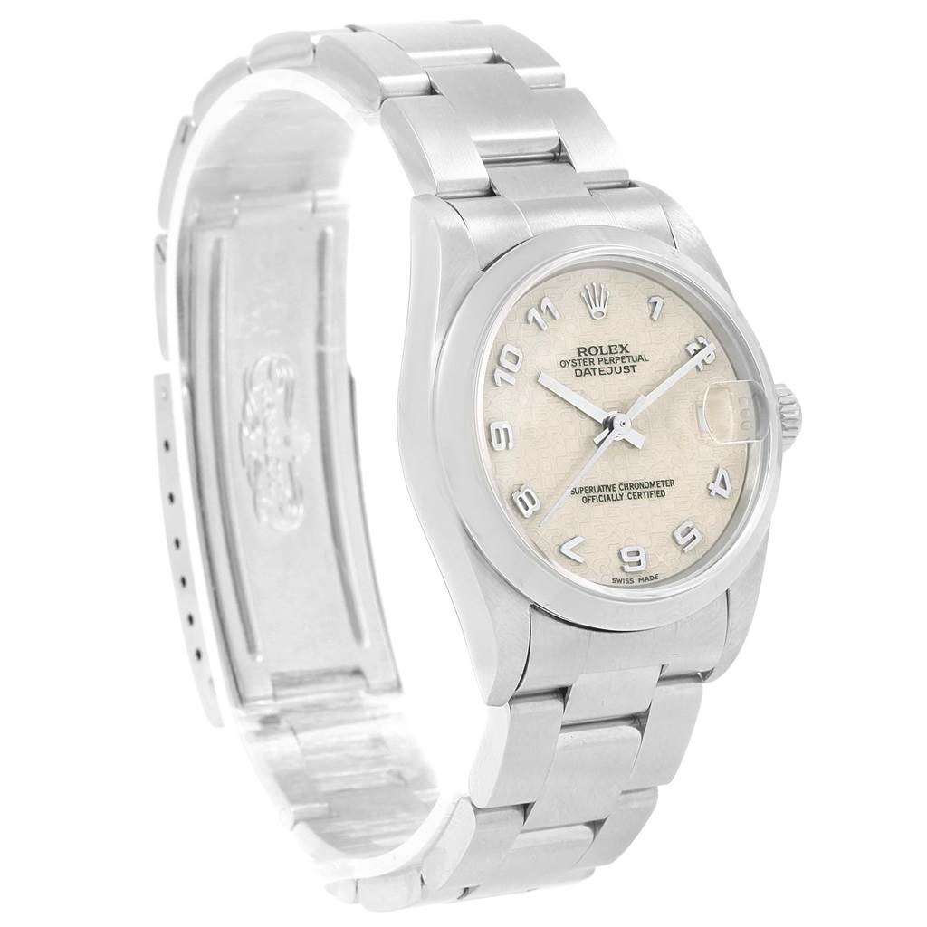 The Rolex Mid-Size 68240 Women's Stainless Steel Silver Dial 68240 Women's Stainless Steel Silver Dial watch is shown at a three-quarter angle displaying the face, bezel, and partially open bracelet.
