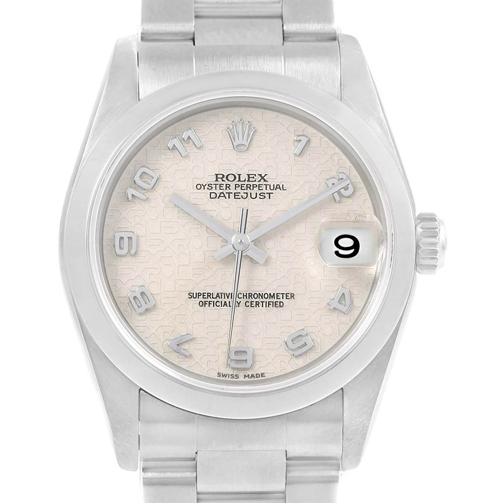 This image shows a front view of the Rolex Oyster Perpetual Datejust Mid-Size watch, detailing the face, bezel, and part of the bracelet.