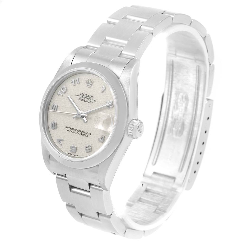 The image shows a Mid-Size Rolex Datejust watch from a front angle, highlighting the face, bezel, and bracelet.