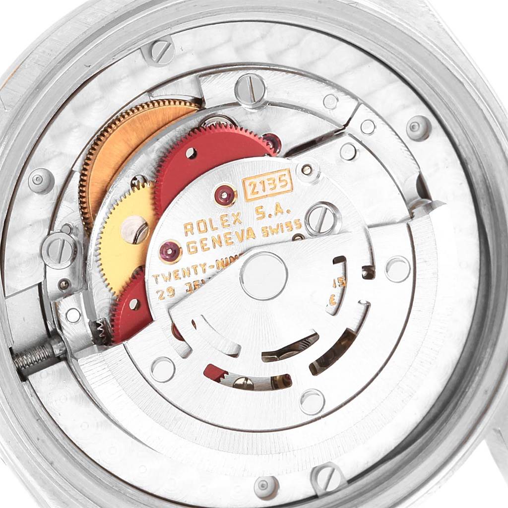 This image shows the internal mechanism of a Rolex Mid-Size 68273 Women's Steel and Gold (two tone) Champagne Dial 68273 Women's Steel and Gold (two tone) Champagne Dial model watch from a top-down angle.