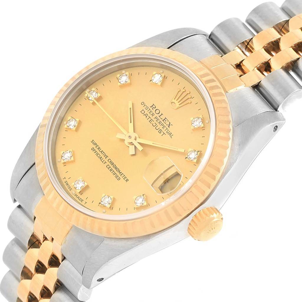 The image shows a close-up view of a Rolex Datejust Mid-Size watch, highlighting its dial, bezel, crown, and part of the bracelet.