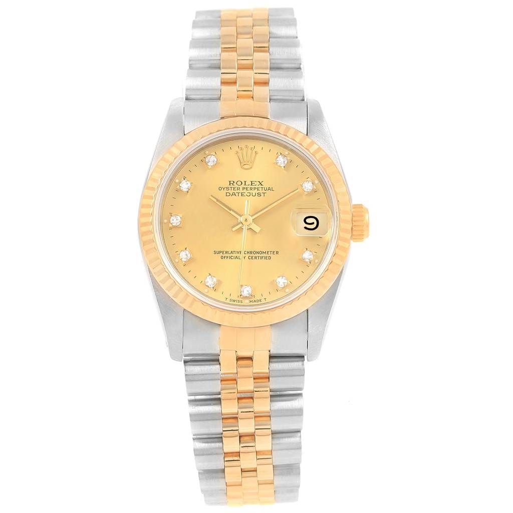 The Rolex Mid-Size 68273 Women's Steel and Gold (two tone) Champagne Dial 68273 Women's Steel and Gold (two tone) Champagne Dial watch is shown from a top-down angle, displaying its face, bezel, and two-tone bracelet.