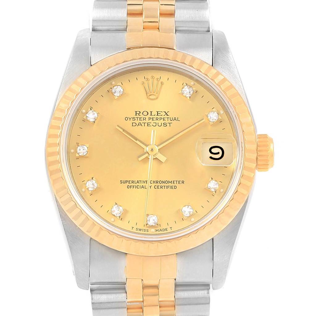 The image shows a front view of a Rolex Mid-Size 68273 Women's Steel and Gold (two tone) Champagne Dial 68273 Women's Steel and Gold (two tone) Champagne Dial Oyster Perpetual Datejust watch, highlighting the dial, bezel, and bracelet.