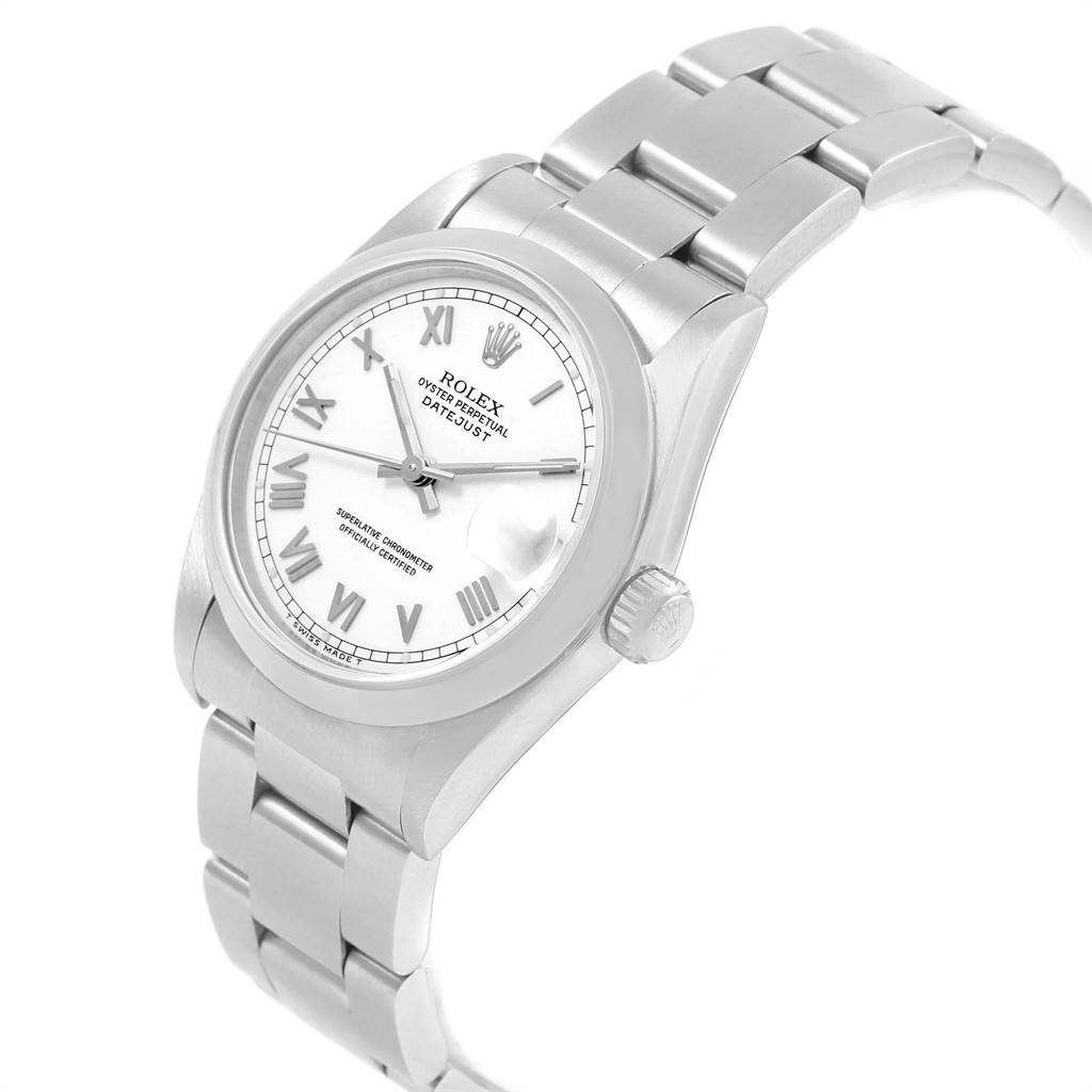 The image shows a Rolex Mid-Size 68240 Women's Stainless Steel White Dial 68240 Women's Stainless Steel White Dial Datejust watch from an angled view highlighting the face, bezel, crown, and bracelet.