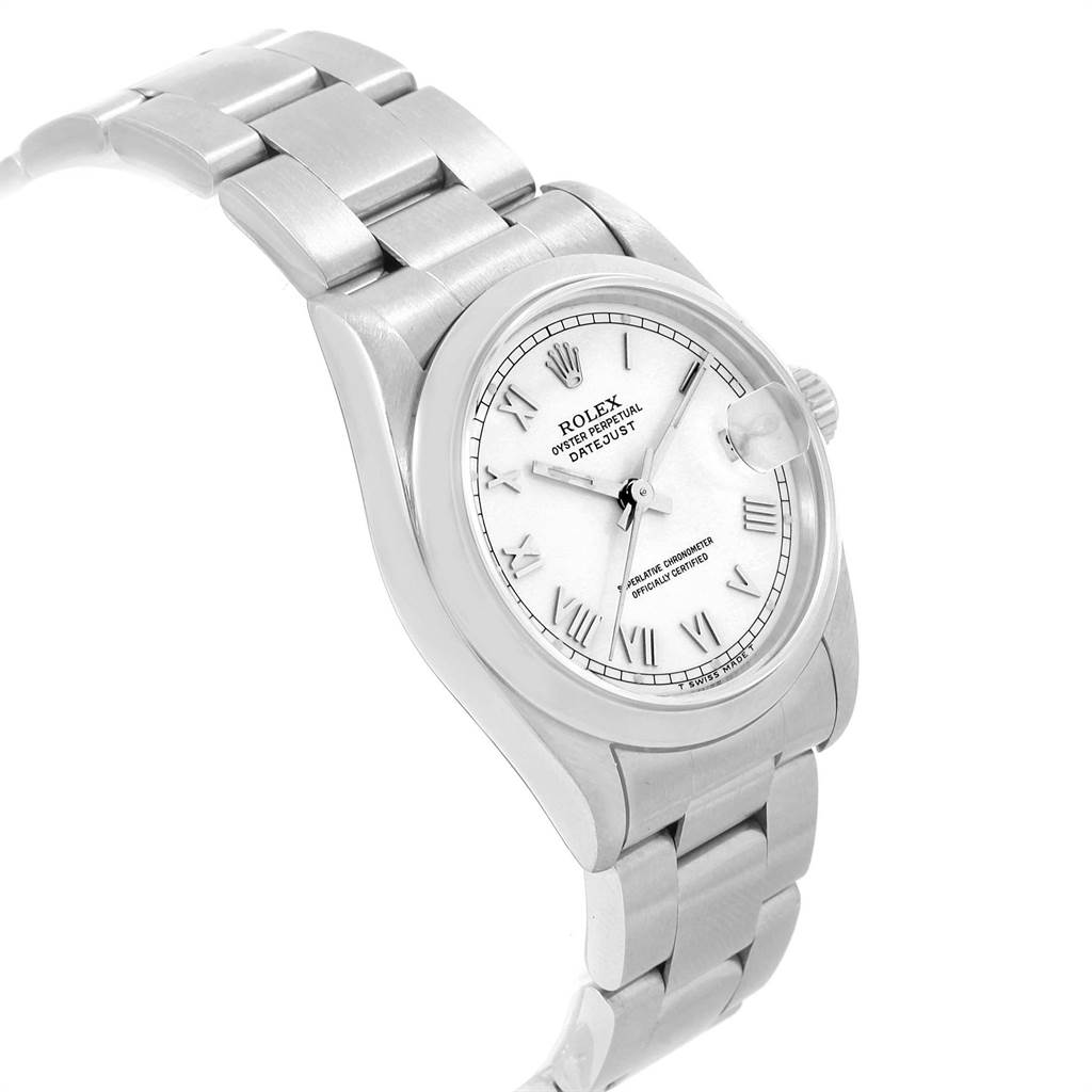 The image shows a Rolex Mid-Size 68240 Women's Stainless Steel White Dial 68240 Women's Stainless Steel White Dial Oyster Perpetual Datejust watch, viewed at an angle displaying the face, bezel, and part of the bracelet.