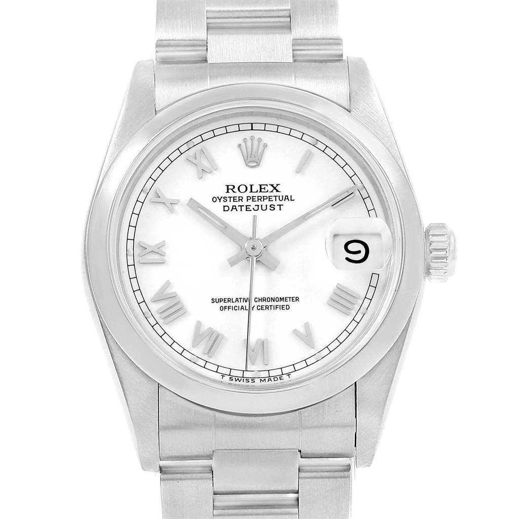This image shows a frontal view of the Rolex Mid-Size 68240 Women's Stainless Steel White Dial 68240 Women's Stainless Steel White Dial Oyster Perpetual Datejust watch, displaying its dial, bracelet, and crown.
