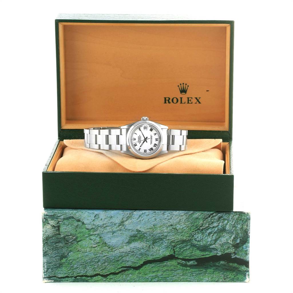 The image shows a Rolex Mid-Size 68240 Women's Stainless Steel White Dial 68240 Women's Stainless Steel White Dial model watch from the front, placed in an open green and wooden Rolex box.
