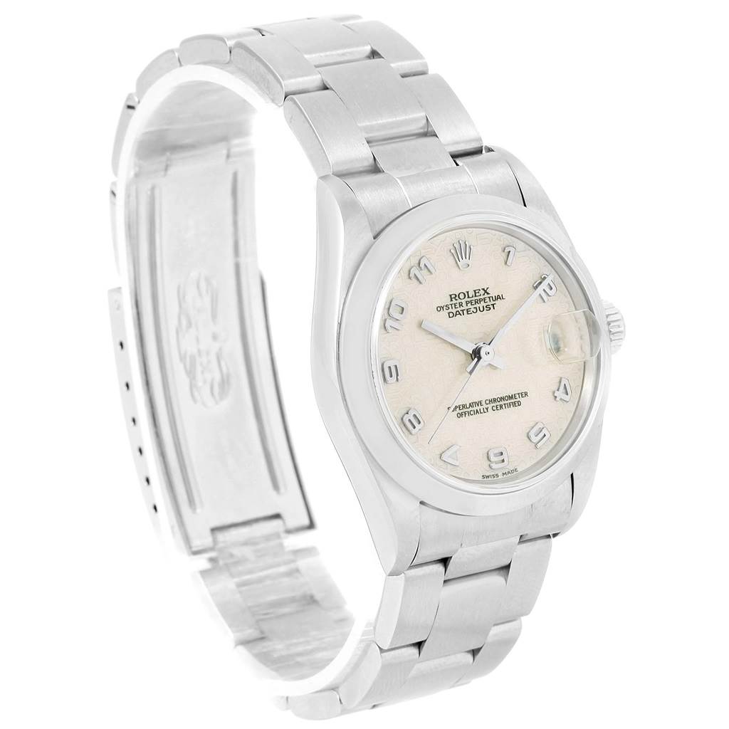 The Rolex Mid-Size 78240 Women's Stainless Steel Silver Dial 78240 Women's Stainless Steel Silver Dial Datejust watch is shown from a left front angle, displaying its dial, bracelet, and partially open clasp.