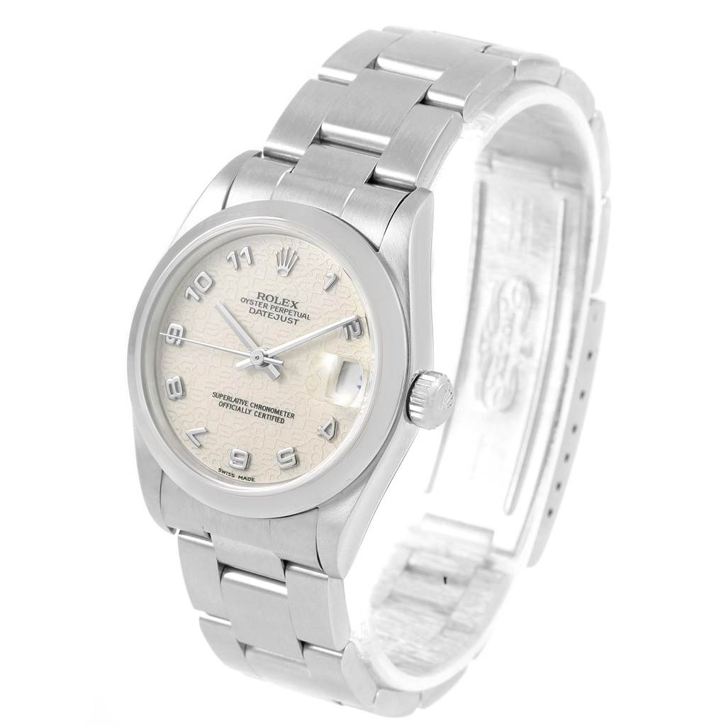 This is a mid-size Rolex Datejust watch shown at a three-quarter angle, highlighting the face, crown, and part of the bracelet.