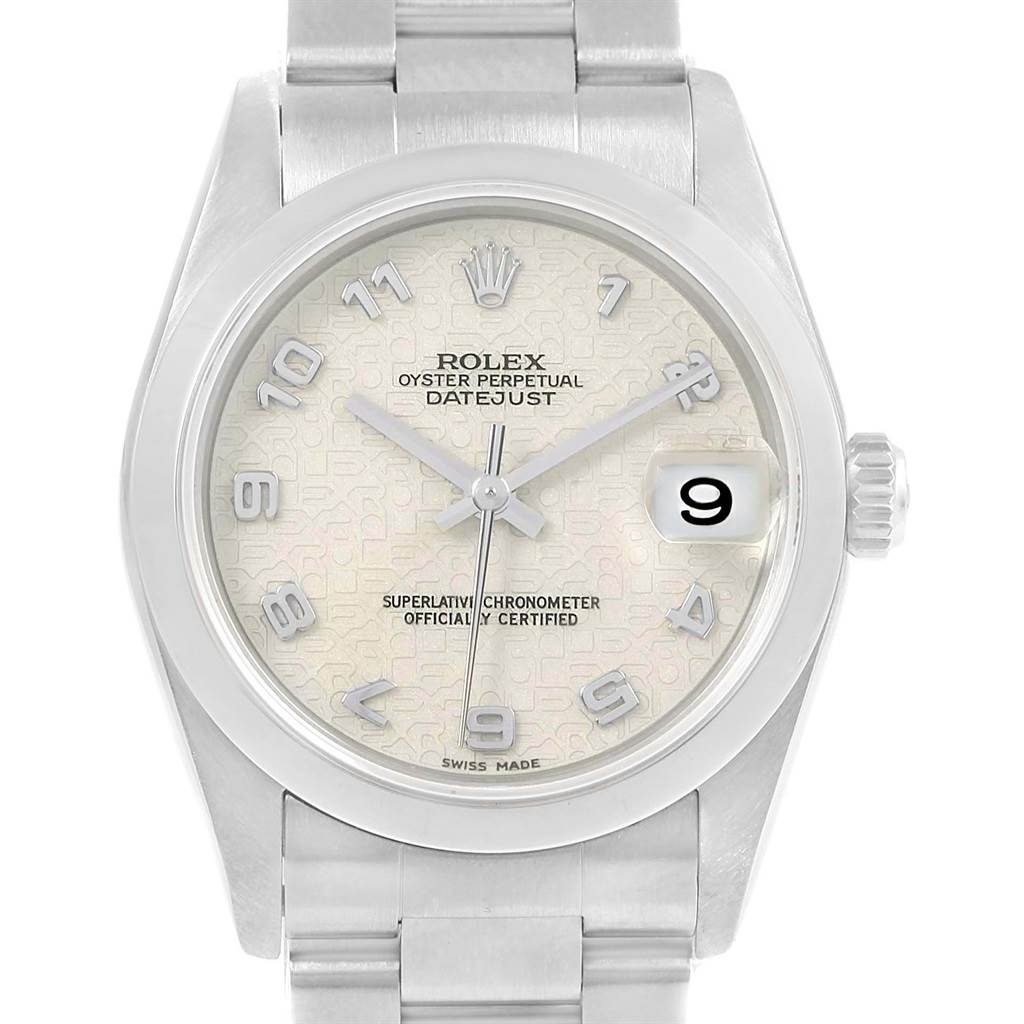 The image shows a frontal view of a Rolex Mid-Size 78240 Women's Stainless Steel Silver Dial 78240 Women's Stainless Steel Silver Dial Oyster Perpetual Datejust watch, including its dial, bezel, and part of the bracelet.