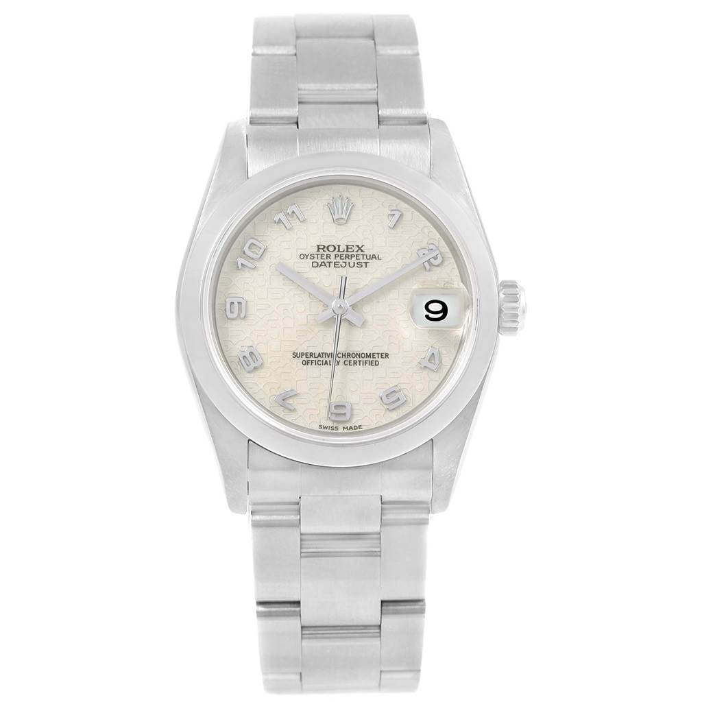 This image shows a frontal view of a Rolex Mid-Size 78240 Women's Stainless Steel Silver Dial 78240 Women's Stainless Steel Silver Dial Oyster Perpetual Datejust watch, featuring the dial, bracelet, and crown.