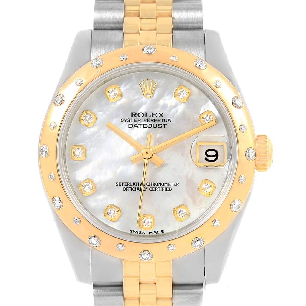 The image shows a front view of the dial, bezel, and part of the band of the Rolex Datejust Mid-Size.