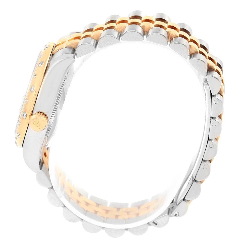 The image shows a side view of a Mid-Size Rolex watch, focusing on the crown, bezel, and two-tone bracelet.