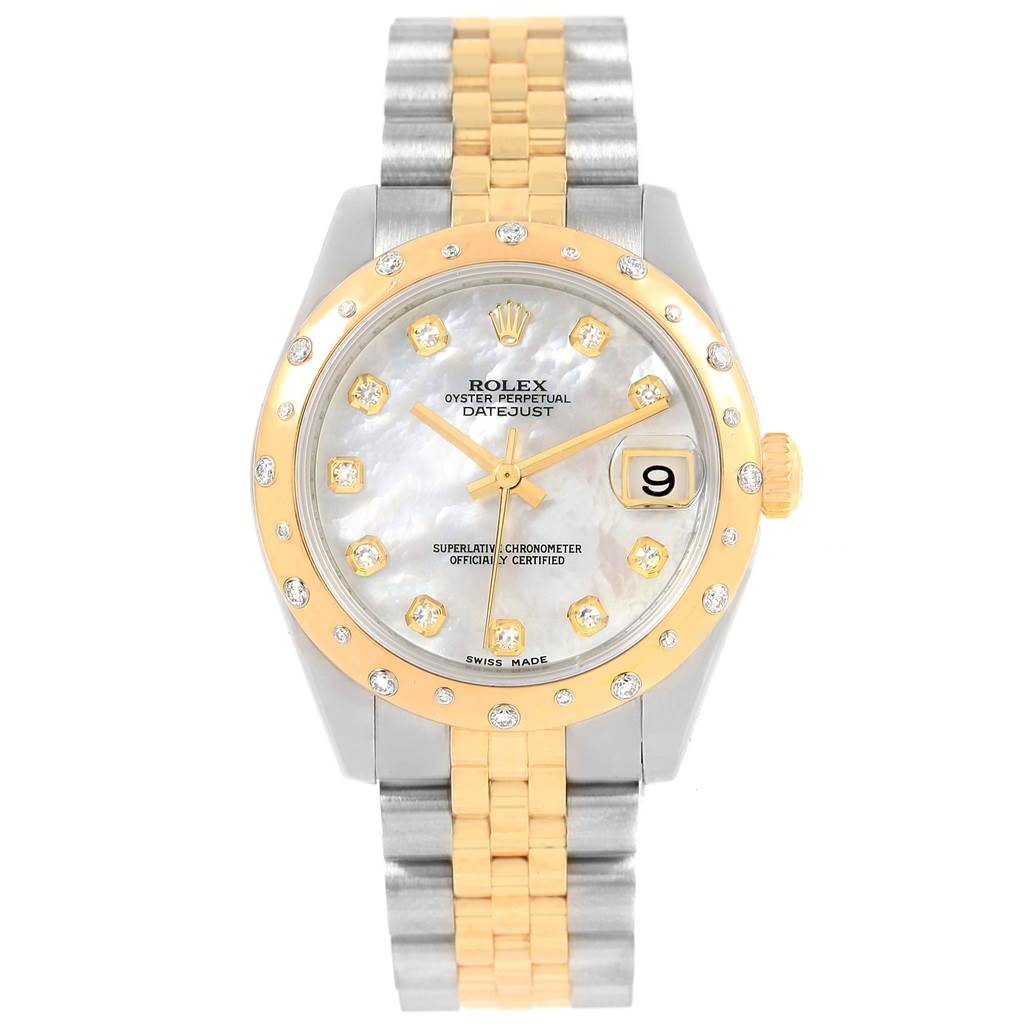 This Rolex Mid-Size 178343 Women's Steel and Gold (two tone) Mother of Pearl Dial 178343 Women's Steel and Gold (two tone) Mother of Pearl Dial Datejust watch is shown in a front-facing view, highlighting the face, bezel, and two-tone bracelet.