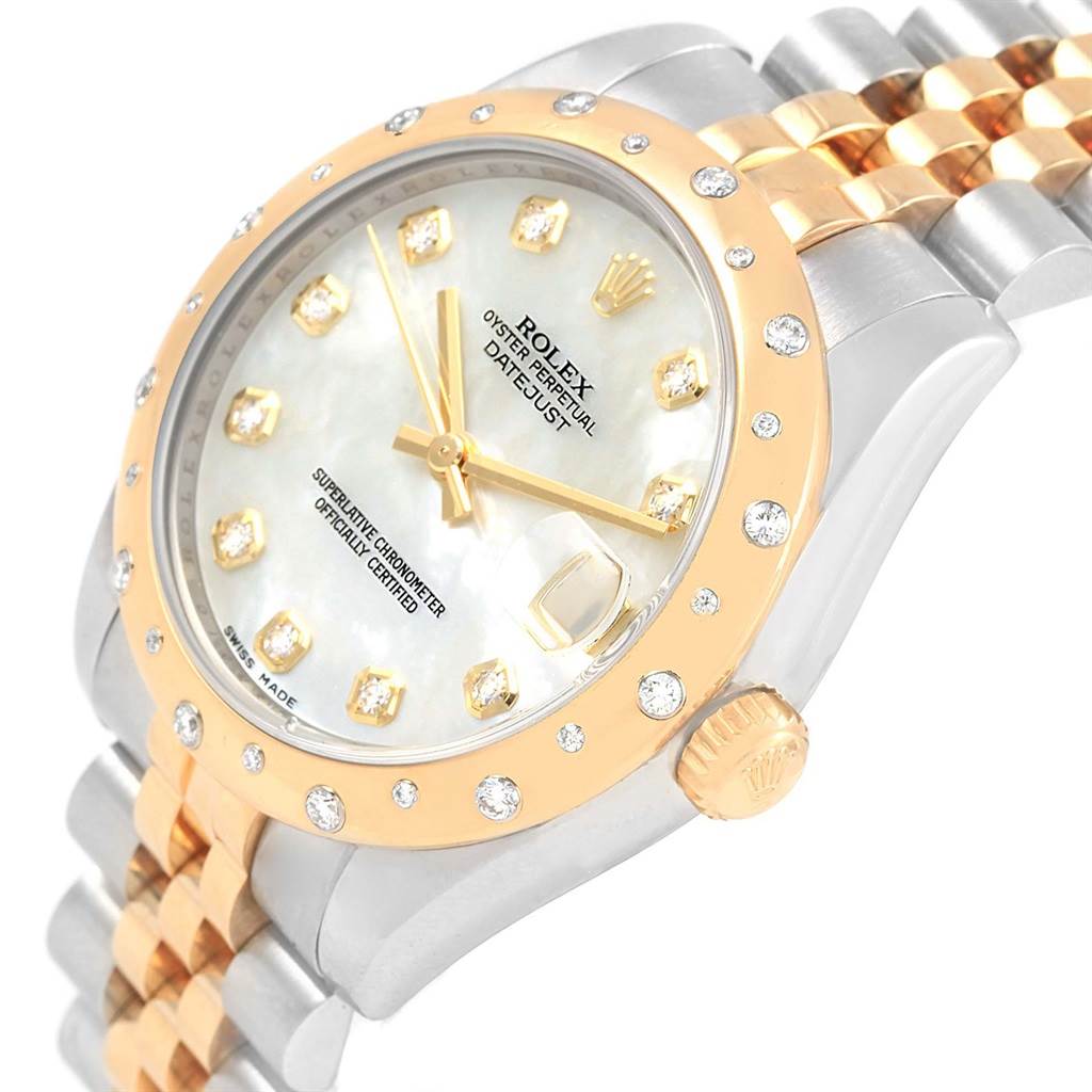 The image shows a close-up, angled view of a Rolex Mid-Size 178343 Women's Steel and Gold (two tone) Mother of Pearl Dial 178343 Women's Steel and Gold (two tone) Mother of Pearl Dial Datejust watch with its dial, bezel, and bracelet visible.