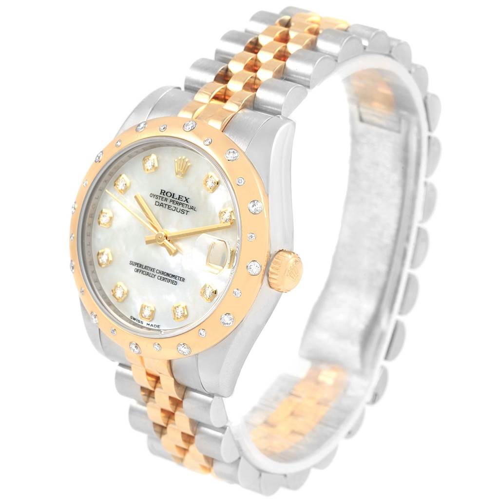 The Rolex Mid-Size 178343 Women's Steel and Gold (two tone) Mother of Pearl Dial 178343 Women's Steel and Gold (two tone) Mother of Pearl Dial watch is shown at an angled view highlighting its face, bezel, crown, and two-tone bracelet.