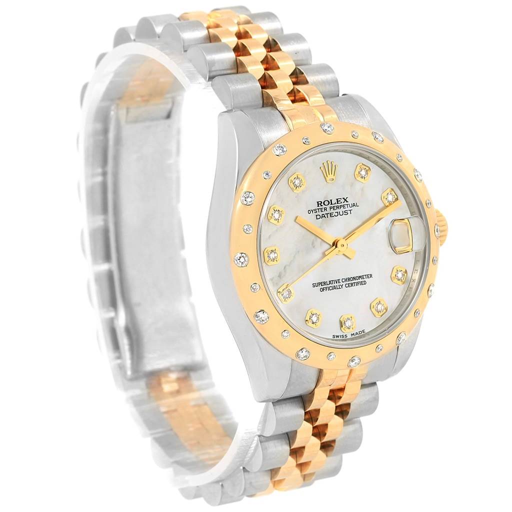 This Rolex Mid-Size 178343 Women's Steel and Gold (two tone) Mother of Pearl Dial 178343 Women's Steel and Gold (two tone) Mother of Pearl Dial model is shown at a three-quarter angle, highlighting its two-tone bracelet and diamond-encrusted bezel and dial.