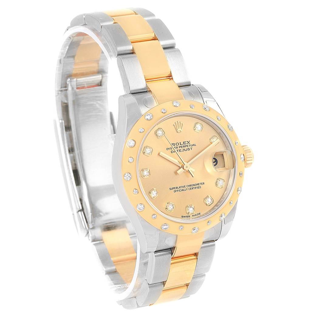 This Rolex Mid-Size 178343 Women's Steel and Gold (two tone) Champagne Dial 178343 Women's Steel and Gold (two tone) Champagne Dial watch is shown at a slight angle, displaying the face, bezel, and part of the bracelet.