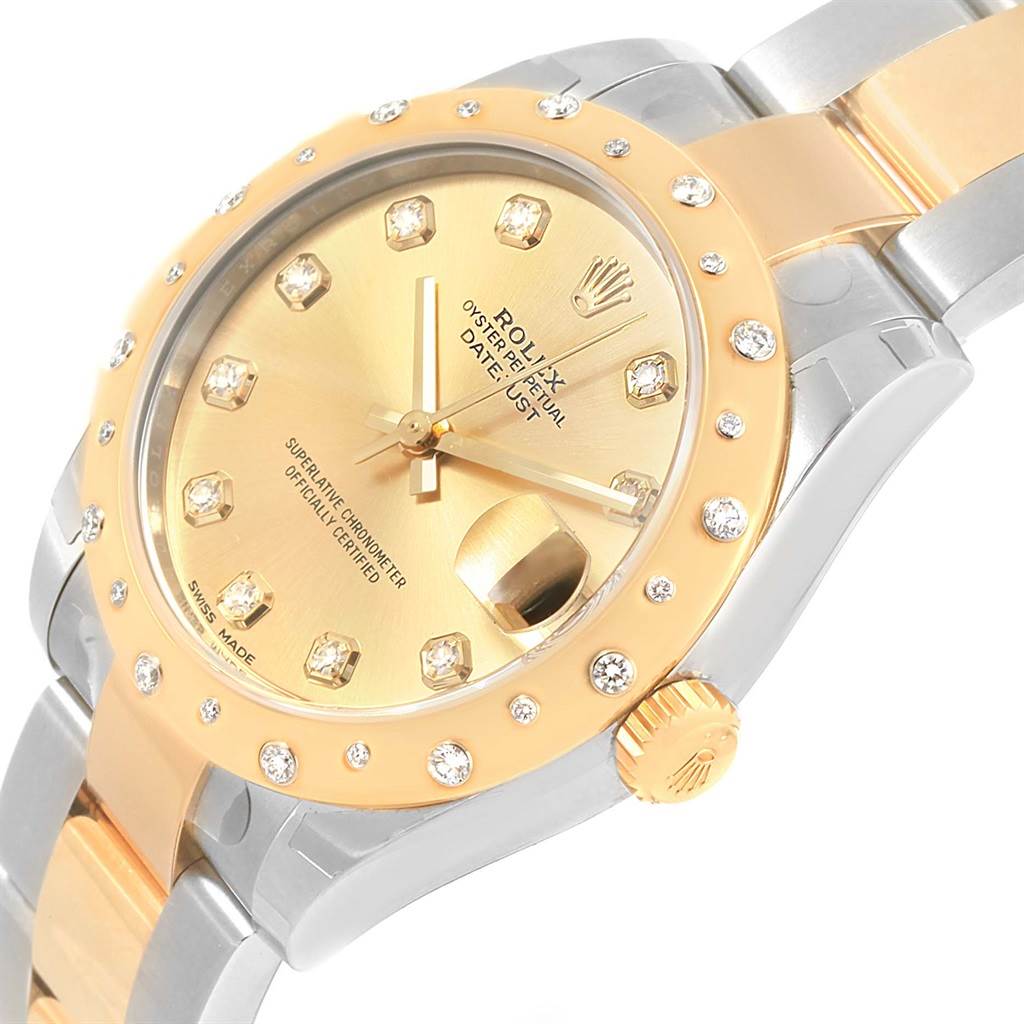 The image shows a close-up of a Rolex Mid-Size 178343 Women's Steel and Gold (two tone) Champagne Dial 178343 Women's Steel and Gold (two tone) Champagne Dial Oyster Perpetual Datejust dial, bezel, crown, and part of the bracelet.