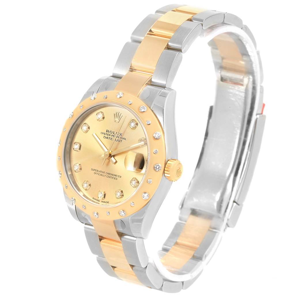 The Rolex Mid-Size 178343 Women's Steel and Gold (two tone) Champagne Dial 178343 Women's Steel and Gold (two tone) Champagne Dial watch is shown at an angle highlighting the face, bezel, bracelet, and crown.