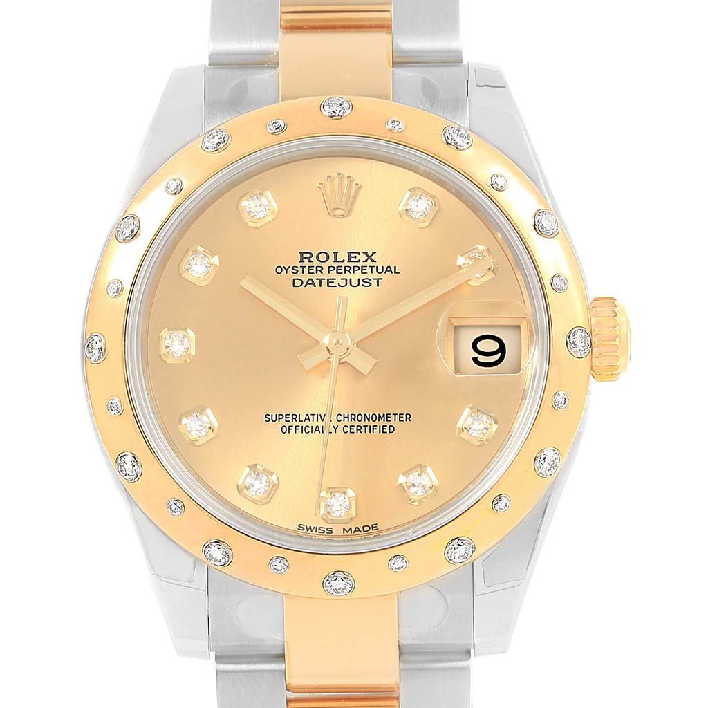 The image shows a front view of a Rolex Mid-Size 178343 Women's Steel and Gold (two tone) Champagne Dial 178343 Women's Steel and Gold (two tone) Champagne Dial Datejust watch, highlighting its bezel, dial, hands, markers, and bracelet.