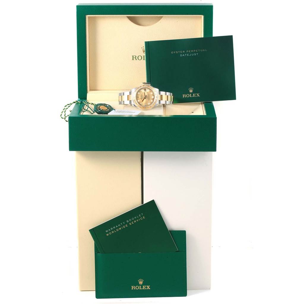 This image shows a Rolex Mid-Size 178343 Women's Steel and Gold (two tone) Champagne Dial 178343 Women's Steel and Gold (two tone) Champagne Dial watch with its box, warranty booklet, and manual from a front view.