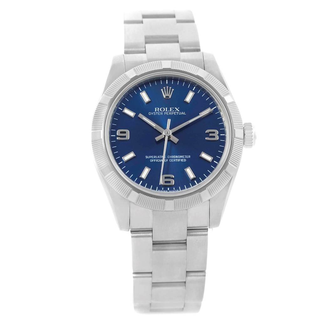 This image shows a front view of a Rolex Mid-Size 177210 Women's Stainless Steel Blue Dial 177210 Women's Stainless Steel Blue Dial Oyster Perpetual watch with a blue dial and silver bracelet.