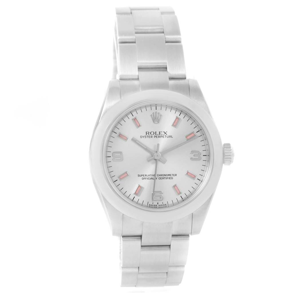 The image shows a front view of the Rolex Oyster Perpetual Mid-Size watch, highlighting its face, bezel, and bracelet.