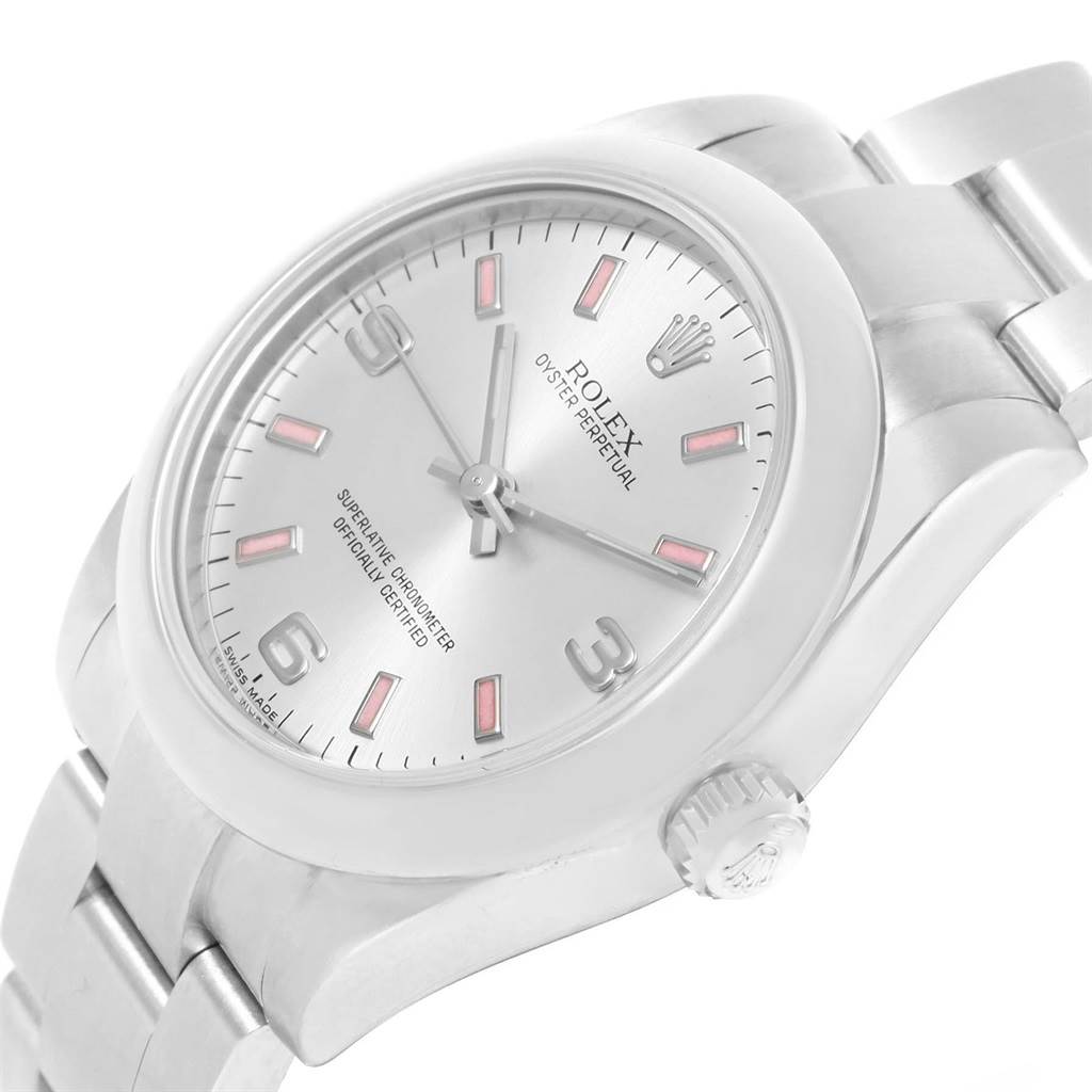 The image shows a close-up angled view of a Rolex Mid-Size 177200 Women's Stainless Steel Silver Dial 177200 Women's Stainless Steel Silver Dial Oyster Perpetual watch, focusing on the dial, bezel, crown, and part of the bracelet.