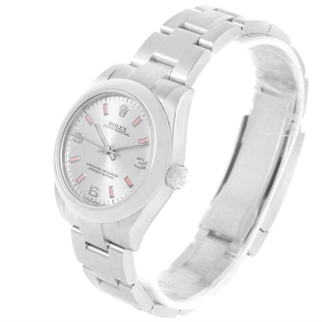 The image shows the front and side angle of a Rolex Mid-Size 177200 Women's Stainless Steel Silver Dial 177200 Women's Stainless Steel Silver Dial Oyster Perpetual watch, displaying the dial and bracelet.