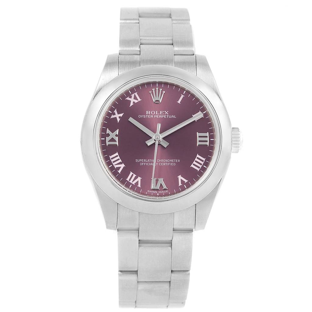 The Rolex Mid-Size 177200 Men's Stainless Steel Burgundy Dial 177200 Men's Stainless Steel Burgundy Dial watch is shown from a front angle, displaying its face, bezel, case, and bracelet.
