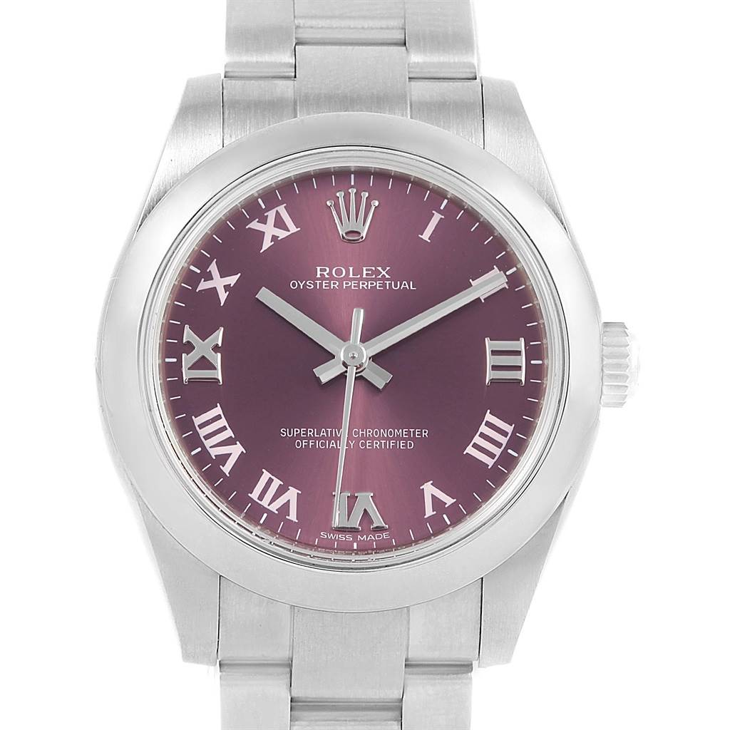 The image shows a front view of a Mid-Size Rolex Oyster Perpetual watch with a purple dial and Roman numeral indices.