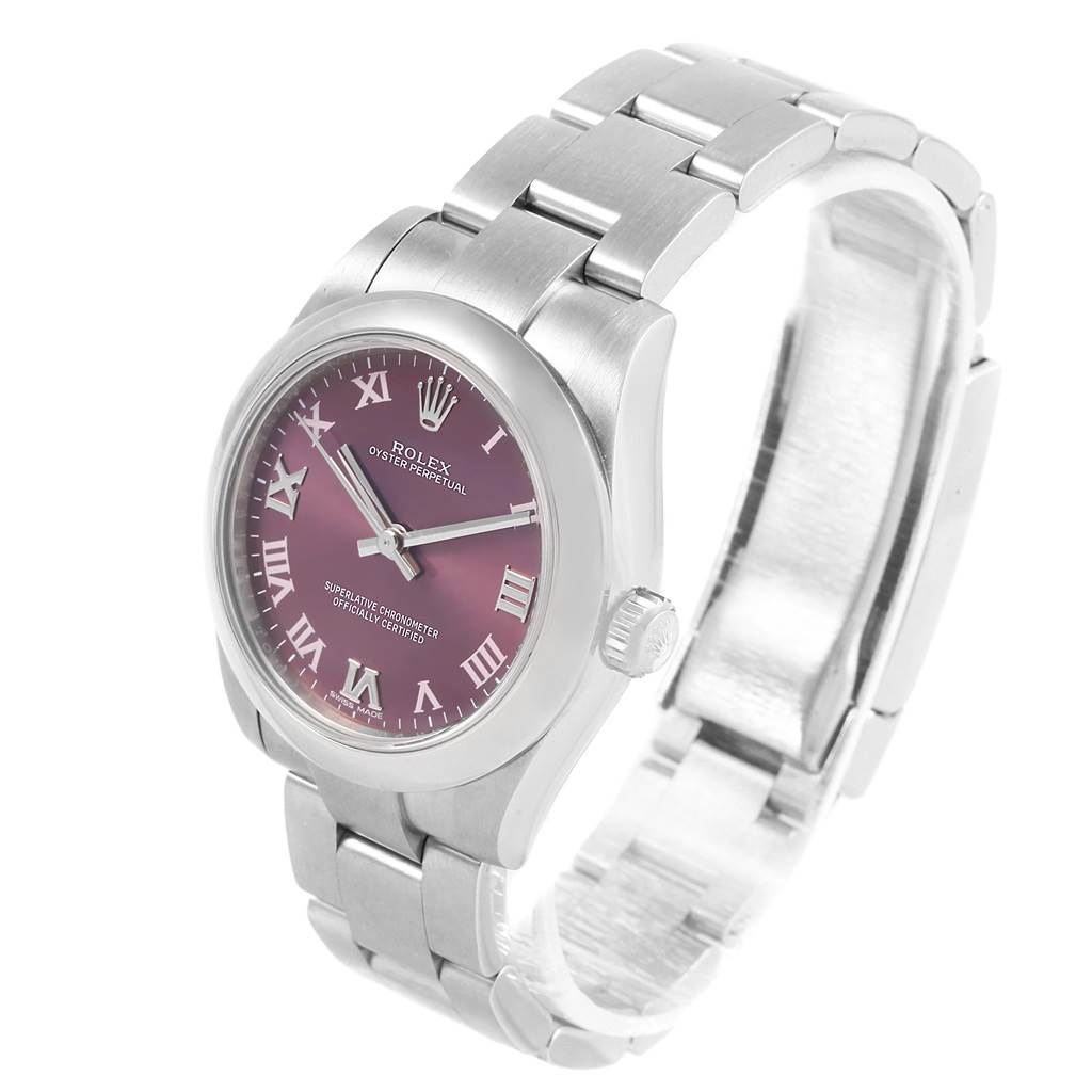 The Rolex Mid-Size 177200 Men's Stainless Steel Burgundy Dial 177200 Men's Stainless Steel Burgundy Dial Oyster Perpetual watch is shown at an angled view, displaying its face, bezel, crown, and a portion of its bracelet.