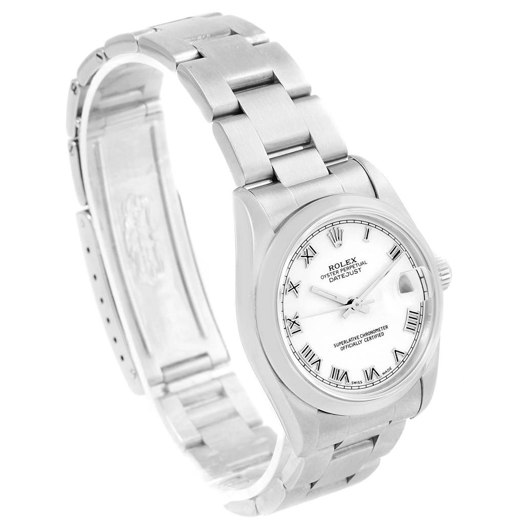 This image shows an angled view of a Rolex Mid-Size 68240 Women's Stainless Steel White Dial 68240 Women's Stainless Steel White Dial Oyster Perpetual Datejust watch, displaying the bracelet, dial, and case.